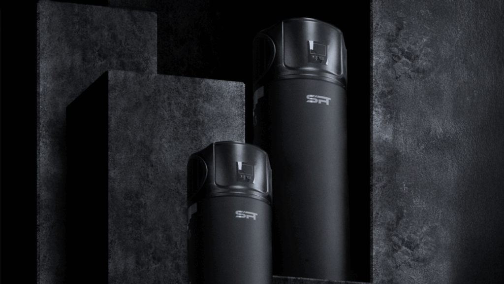 Dark Knight Heat Pump in matte black finish, showcasing its sleek design and all-in-one compact system